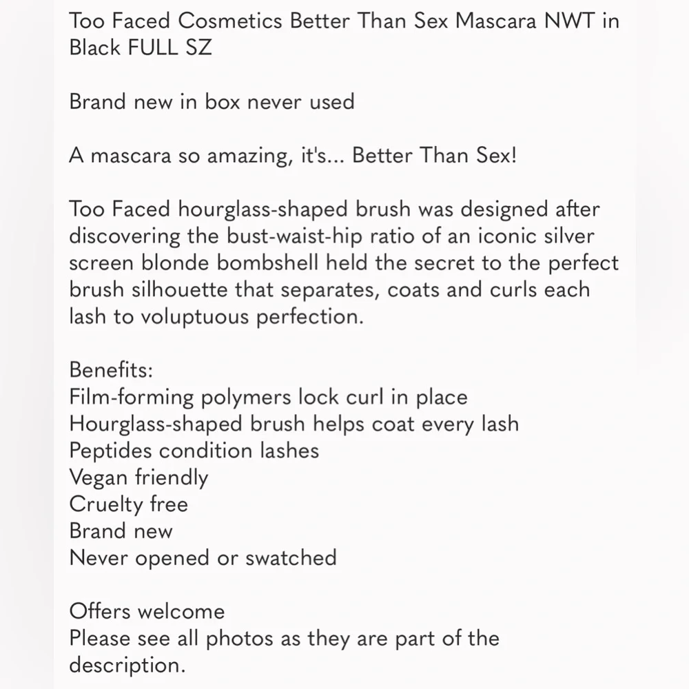 Too Faced Cosmetics Better Than Sex Mascara NWT in Black FULL SZ